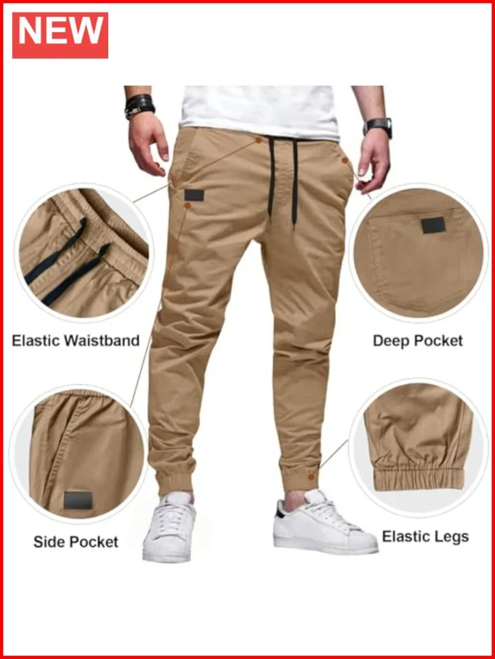 Cotton Elastane Cargo Joggers - Drawstring Twill Pants for Hiking Sports